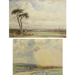 John Charles Moody (British 1884-1962): Rain on the Moors, watercolour signed 28cm x 38cm; Walter Henry Pigott (British 1810-1901): A Shepherd Watching his Flock, watercolour signed and '81, 23cm x 34cm (2)