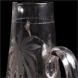 19th/ early 20th century crystal water jug, probably Stourbridge, of baluster form engraved with two Swans on a lake, amongst ferns, reeds and a palm tree, on circular pedestal star engraved foot, H28cm, heavy cut glass jar and cover on pedestal foot, together with a Lalique Samoa frosted glass scent bottle, signed Lalique, France, and labelled 11312 H8cm (3)