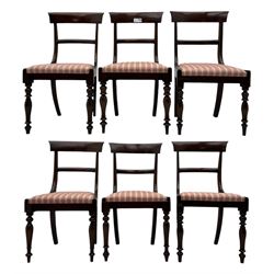 Set of six Victorian mahogany dining chairs, curved bar back over drop-in seat upholstered in striped fabric, on turned front supports