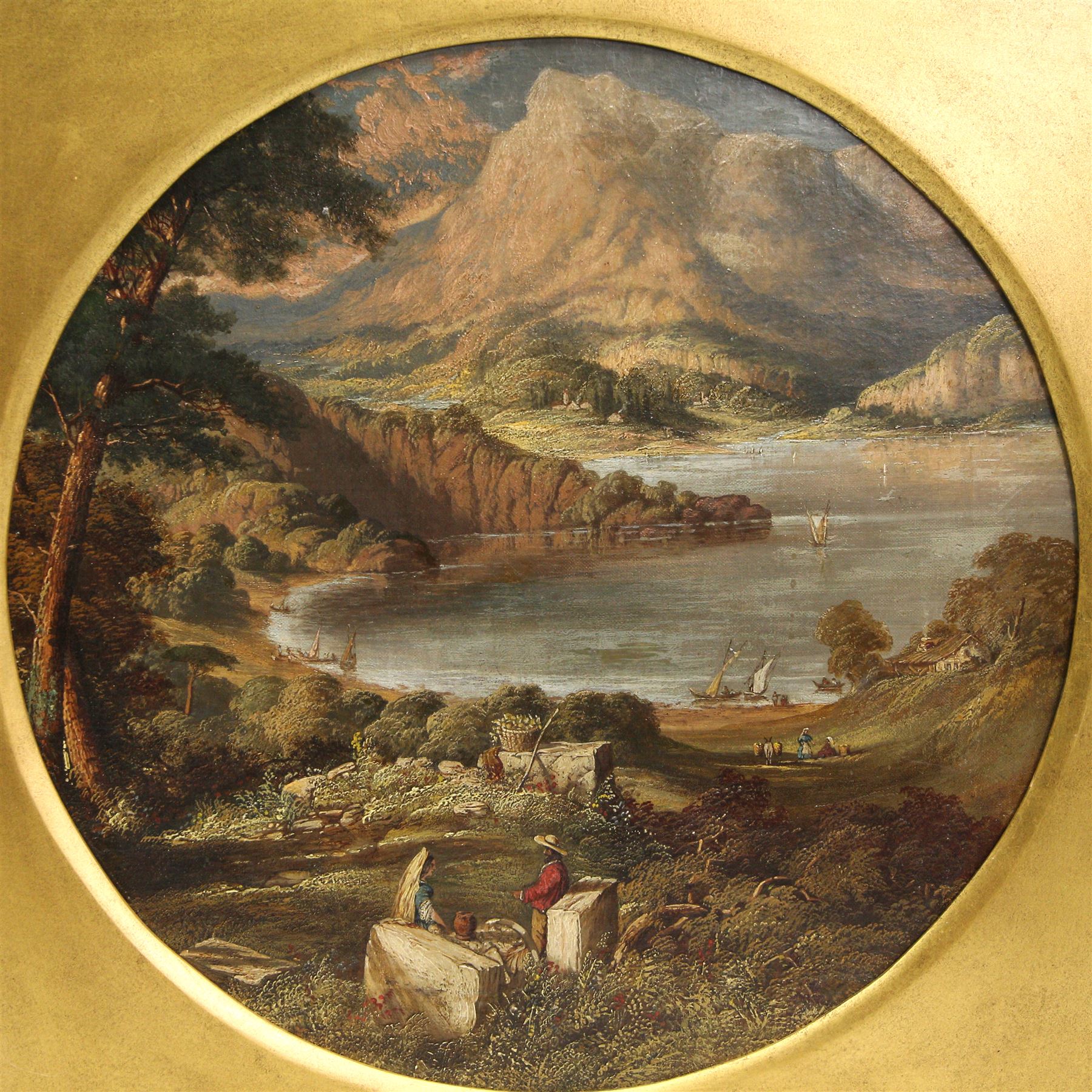 Thomas Crawshaw (British Mid-19th century): 'A Scene in Italy', oil on canvas signed and dated 1849, titled on label verso, in ornate 19th century gilt and gesso frame with circular mount 39cm x 39cm, overall 58cm x 58cm