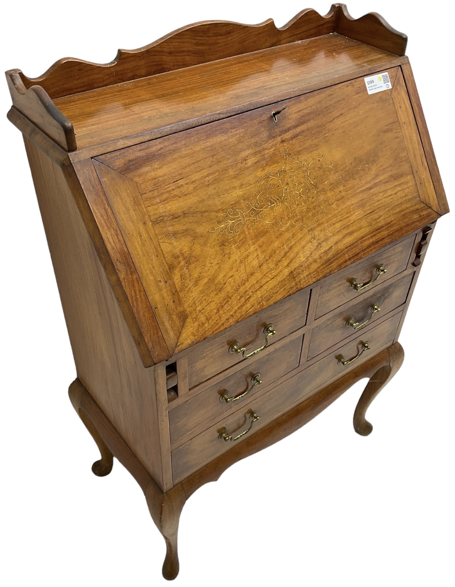 Inlaid hardwood bureau, shaped raised back over fall front inlaid with brass scrollwork, four short over one long drawer, on cabriole supports  