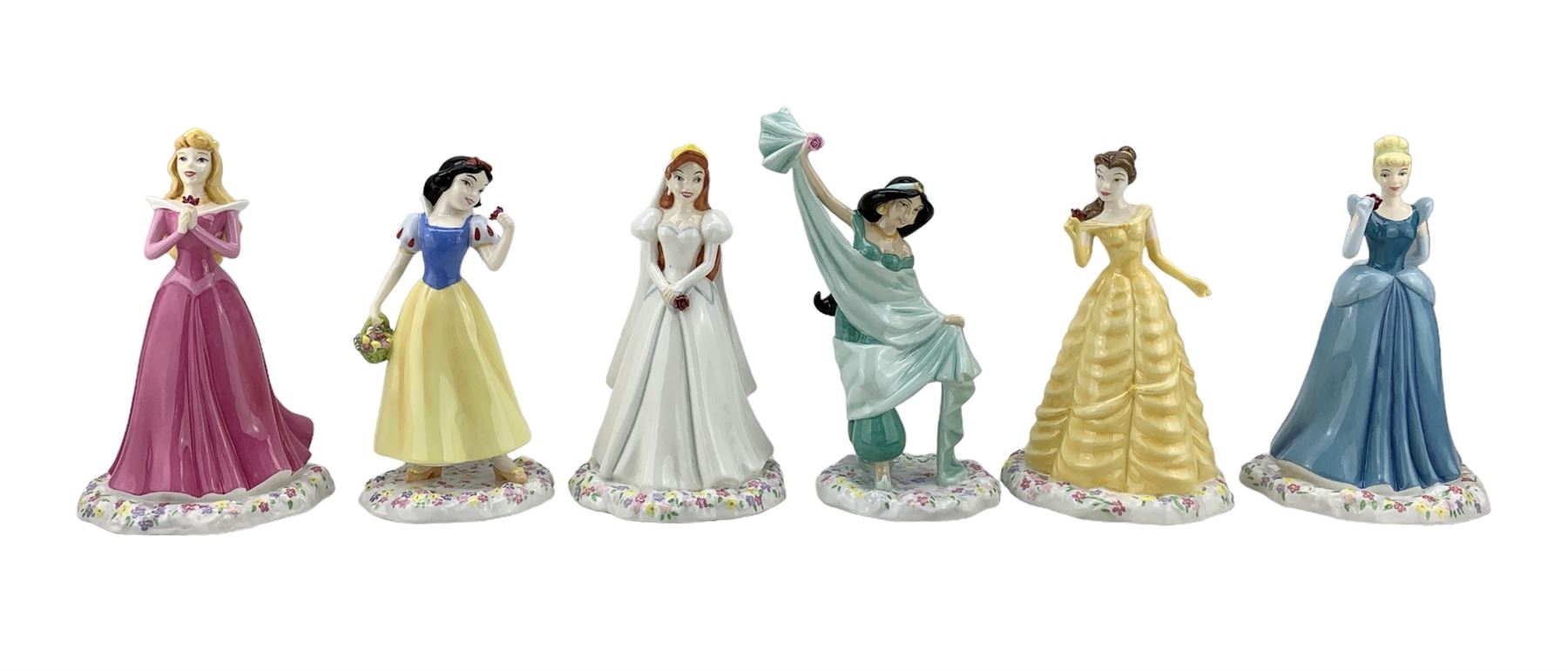 Collection of six Royal Doulton Walt Disney Showcase Disney Princesses, comprising Ariel, Belle, Cinderella, Princess Jasmine, Sleeping Beauty and Snow White, H19cm and smaller, all boxed with papers (6)