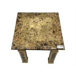 Square lamp table, variegated marble top, on square supports with block feet 