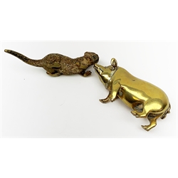 A group of collectables, comprising a novelty brass vesta, modelled in the form of a pig, L8.5cm, a small brass model of an otter, indistinctly stamped beneath, L9cm, a treen box of circular form, D7cm, a papier mache snuff box, detailed with Scottish Highland Terrier with rabbit in mouth and further marked 'To be delivered immediately', and a Halcyondays enamel box detailed with gun dogs. 