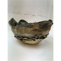 Peter Hough (British Contemporary): slab built stoneware sculptural bowl, of abstract floral design with applied and incised decoration throughout, H21cm, D37cm