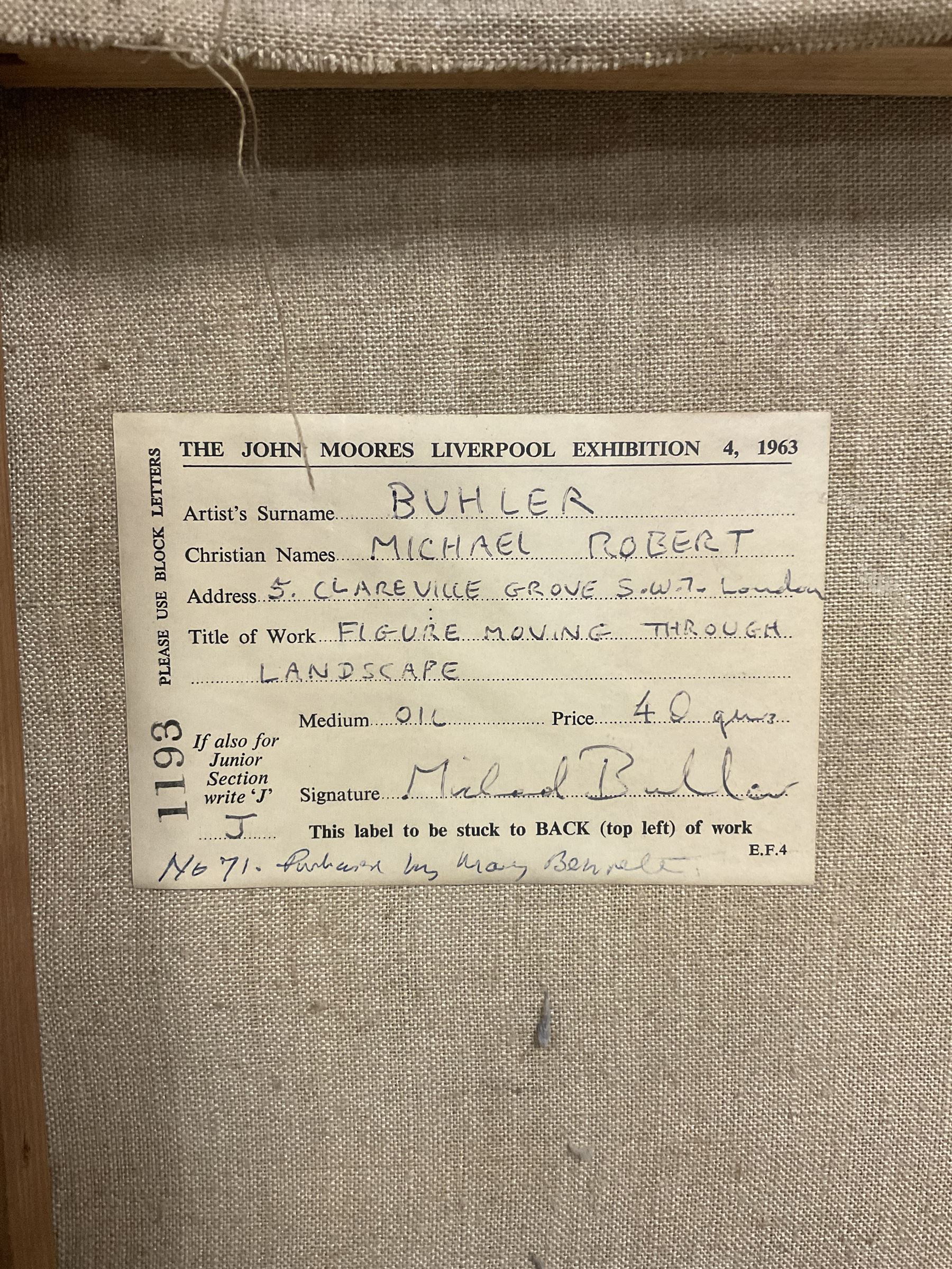 Michael Robert Buhler (British 1940-2009): 'Figure Moving Through Landscape, oil on canvas unsigned, John Moores Liverpool Exhibition 1963 label verso 127cm x 101cm