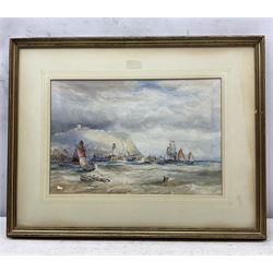 Robert Ernest Roe (British 1852-c.1921): Paddle Steamer and Sailing Vessels outside Scarborough Harbour, watercolour with scratching out signed 25cm x 37cm 