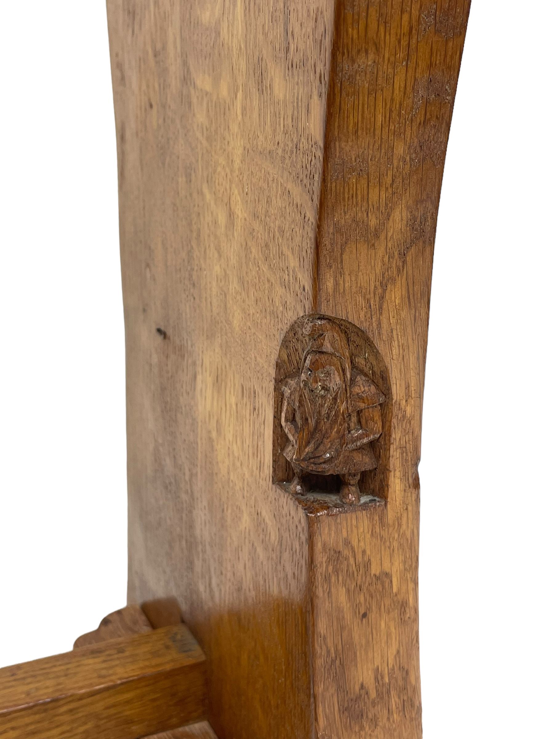 Gnomeman - oak side table, rectangular adzed top over two drawers, on shaped end end supports united by pegged stretcher, carved with gnome signature, by Thomas Whittaker, Littlebeck 