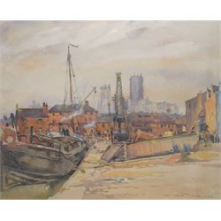 Frederick (Fred) Lawson (British 1888-1968): 'Lincoln' Docks with Cathedral Behind, watercolour signed titled and dated 1930, 36cm x 44cm