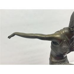 Art Deco style bronze, after Philipp, modelled as a dancer with her arms outstretched and one leg raised, on a veined marble tapering base signed Philipp and with foundry seal, H58cm