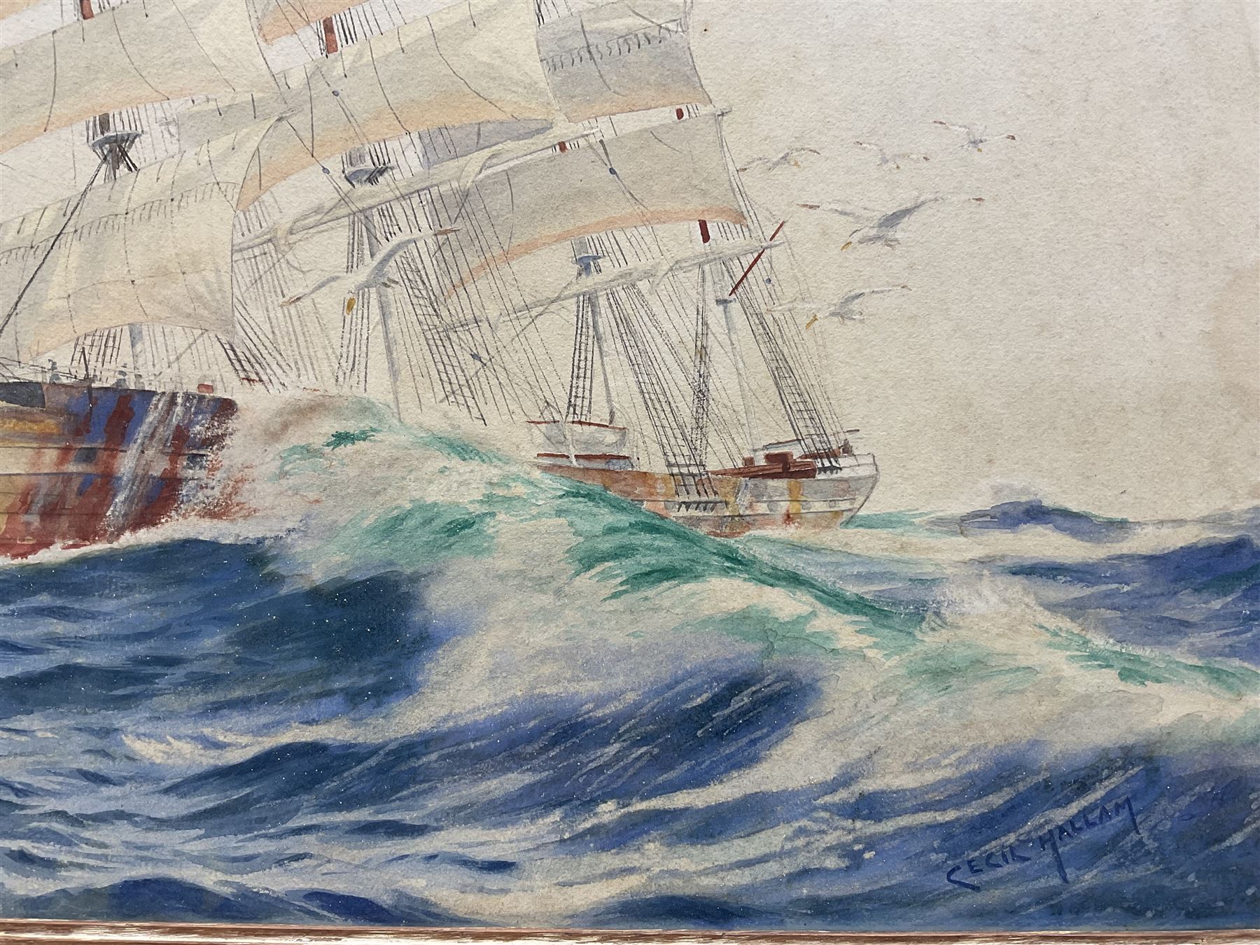 Cecil Hallam (British 20th Century): ‘Naomi’ Schooner, watercolour signed, titled verso 30cm x 48cm 