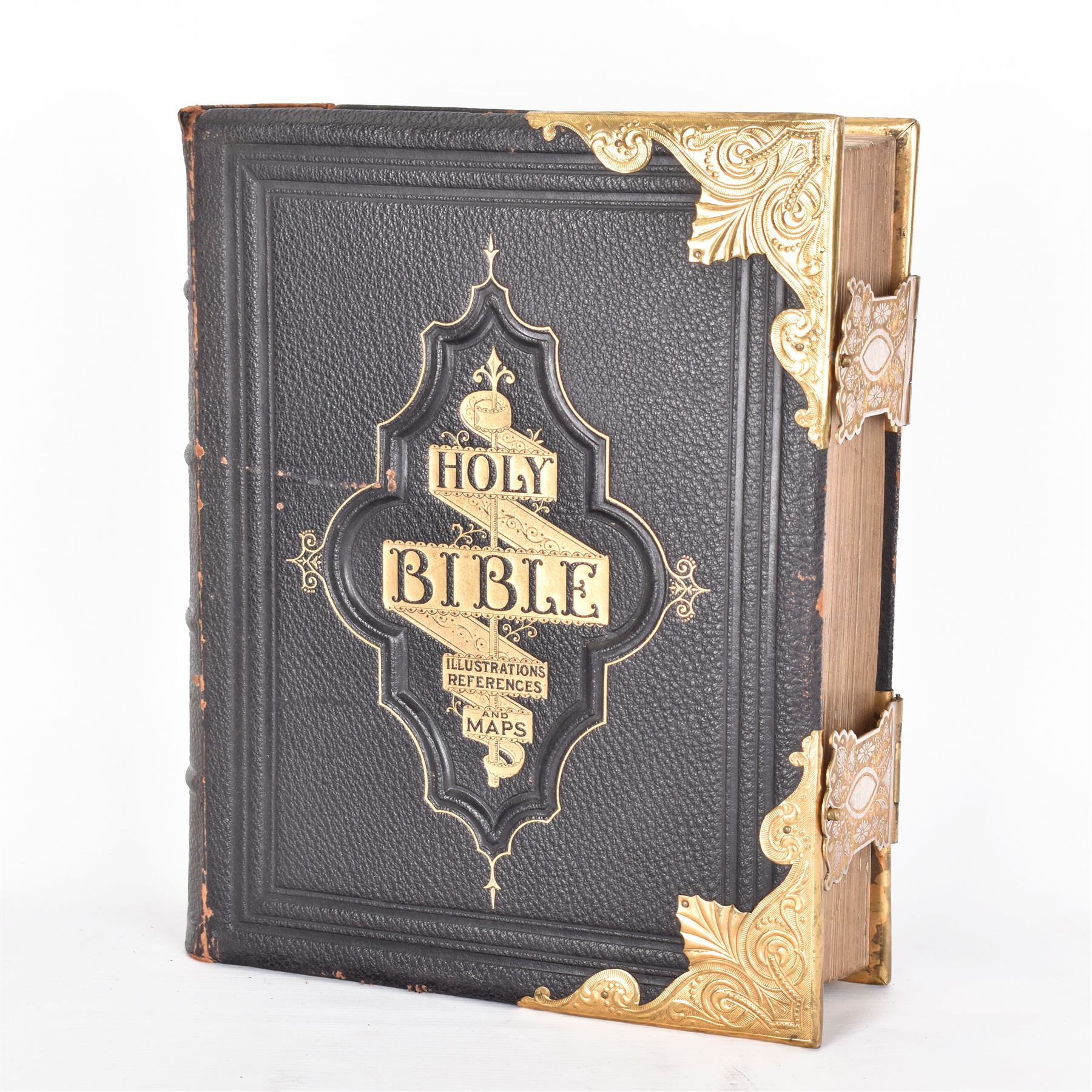 19th century family bible, brass bound with two clasps