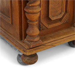 19th century oak desk, rectangular top over two drawers and cupboard, on spiral turned supports and turned bun feet