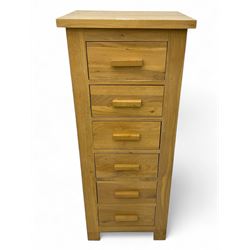 Contemporary oak tallboy chest, rectangular form fitted with six drawers, each with square...