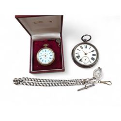 Silver Improved Patent open faced pocket watch, together with a silver Albert chain and a ...