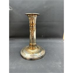 Walker & Hall Sheffield silver plated epergne and a pair of plated candle sticks, epergne H35cm