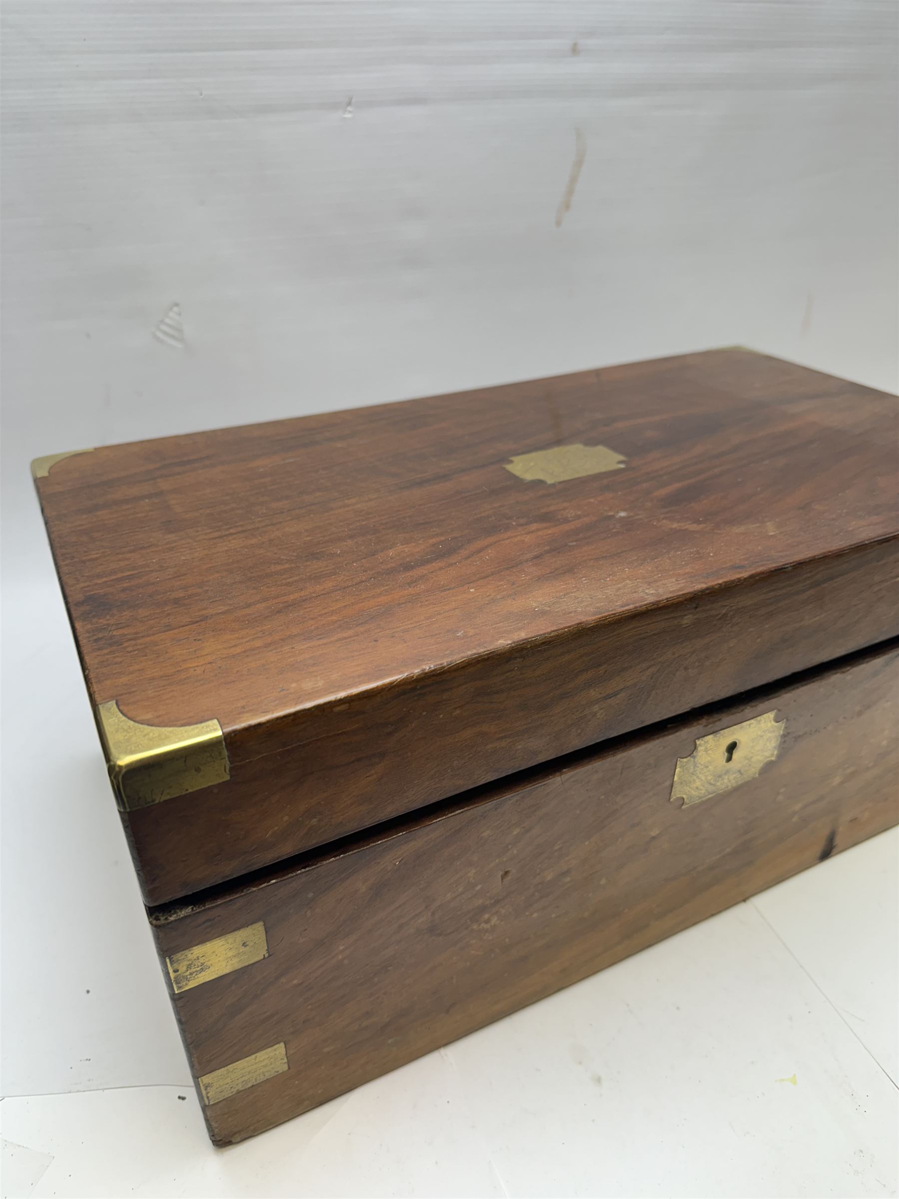 Victorian mahogany brass bound writing slope, together with a carved oak book slide, oak silver plated desk stand and a canteen box with engraved brass shield cartouche, writing slope W45cm