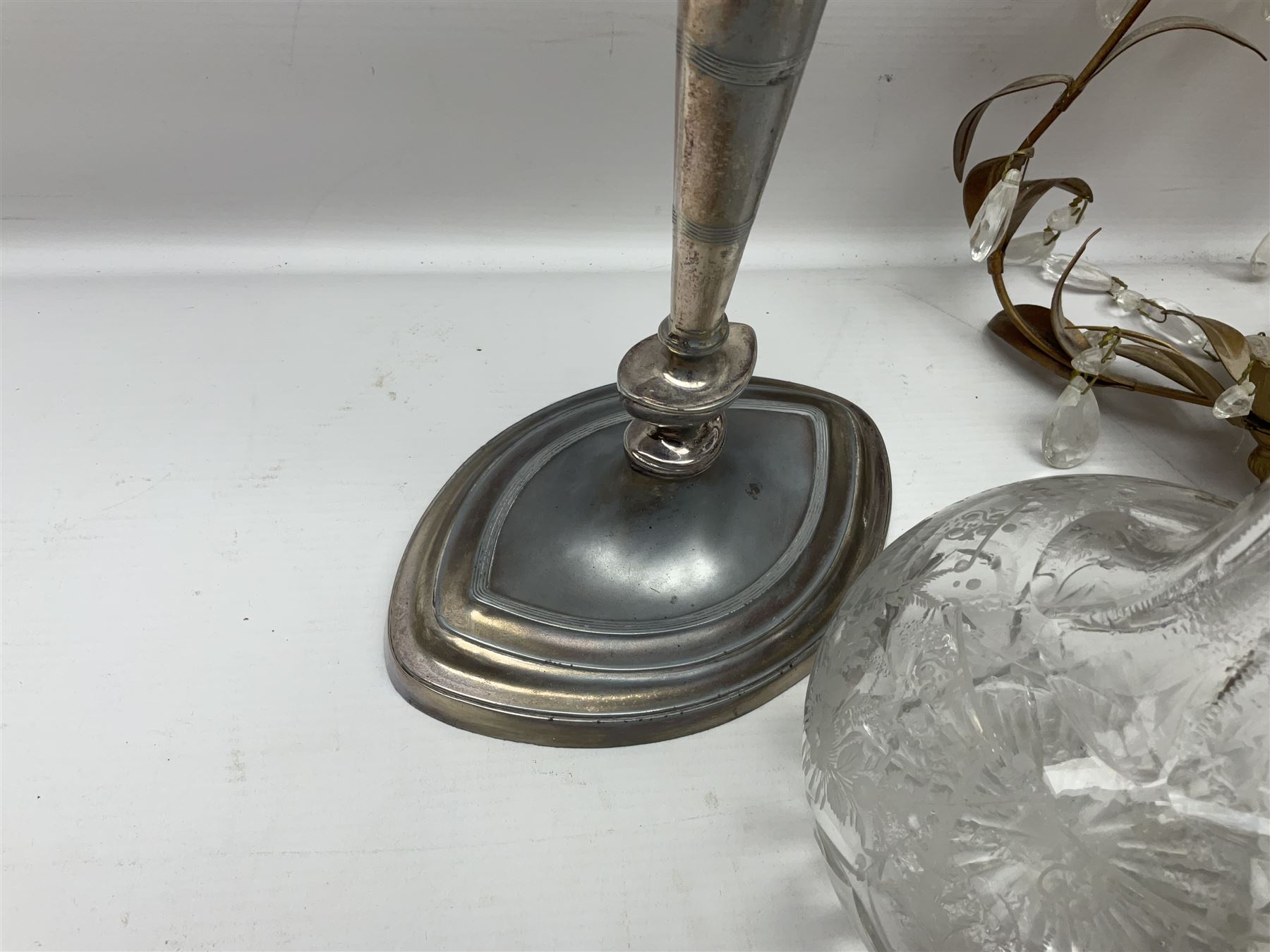 Two silver plate candelabras, together with two glass decanters, necklace and other collectables 