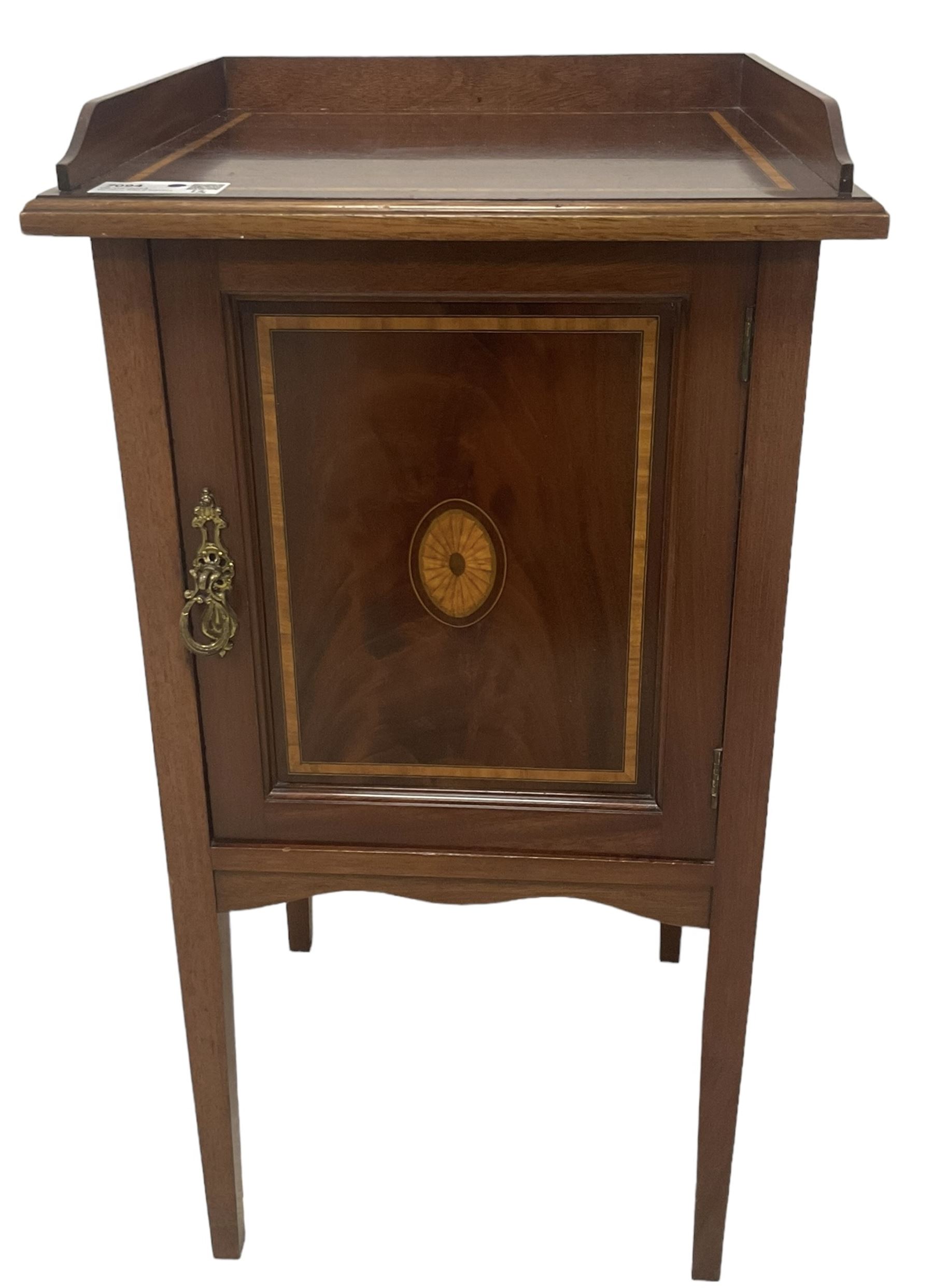 Edwardian inlaid mahogany pot cupboard, raised three-quarter gallery back, panelled door with fan inlay enclosing single shelf