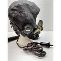 British RAF Flying Helmet complete with AM marked headphones and wiring loom with jack plug, with oxygen mask 