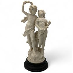 After Auguste Moreau, 20th century faux alabaster figural group 'La Fete Des Fleurs', on circular ebonised plinth, H57cm