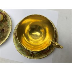 Pair Aynsley Orchard Gold pattern teacups and saucers with gilt interior 