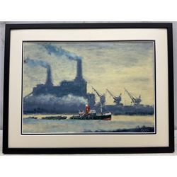 Jack Rigg (British 1927-2023): Tug and Tow Passing Battersea Power Station, oil on board signed, dated 2017 verso 27cm x 40cm