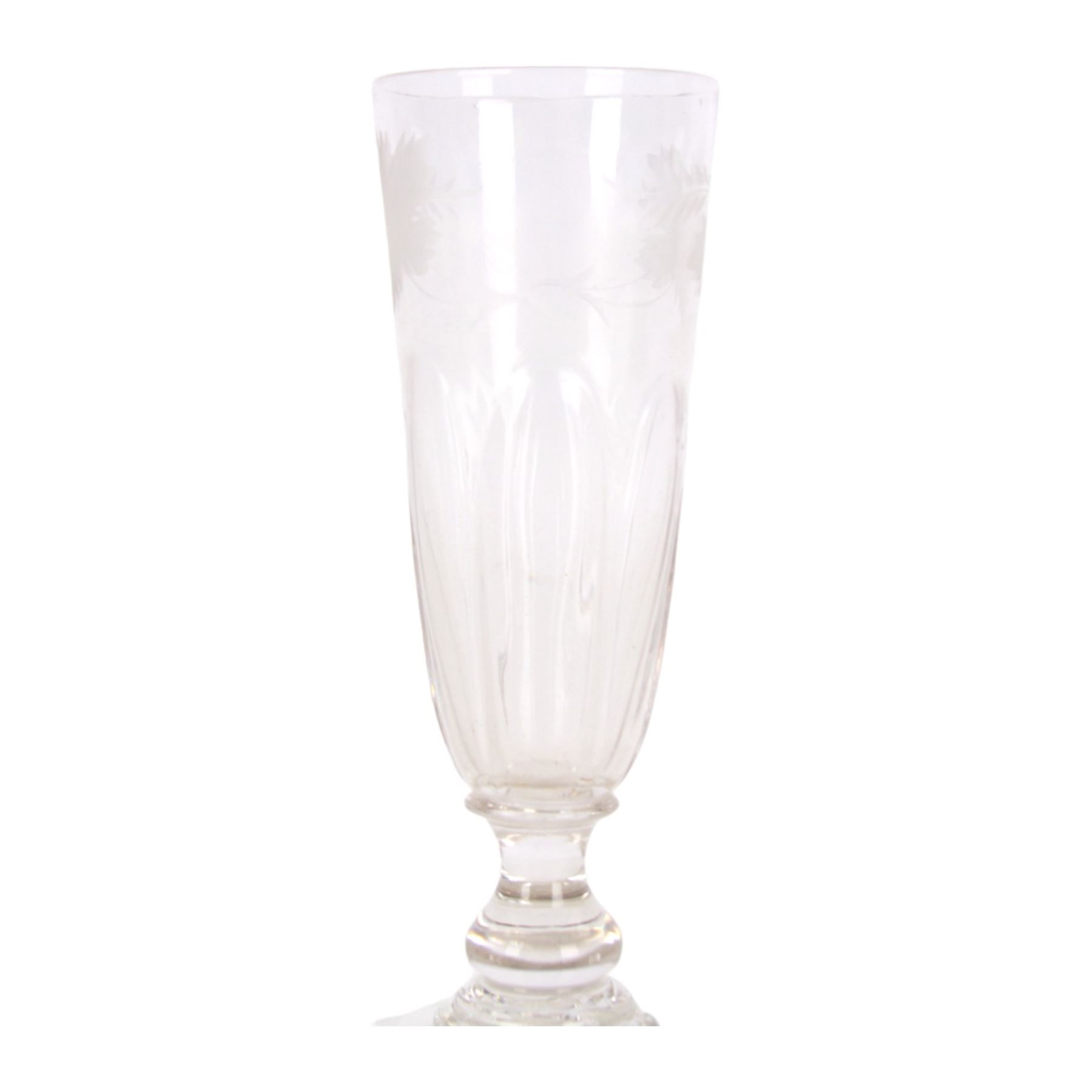 Early 19th century drinking glass, the part fluted funnel bowl engraved with leaves, upon a short knopped stem, and flat foot, H18cm