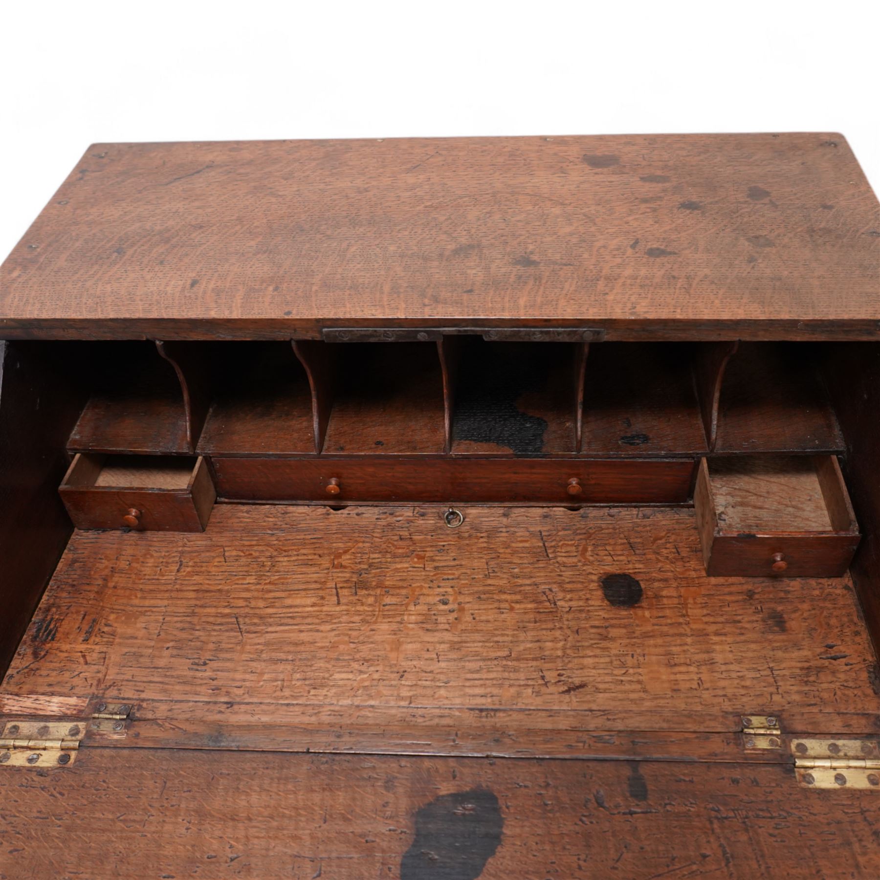 18th century oak campaign bureau, the removable top section enclosed by sloped lid, with fitted interior and carrying handles, on stand fitted with single drawer on square tapering supports