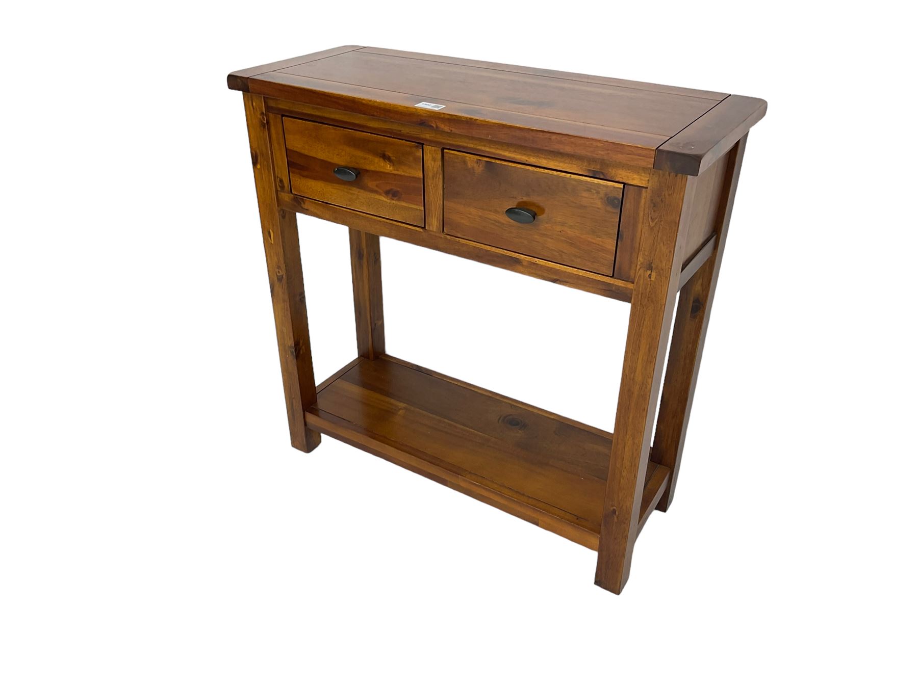 Hardwood side or hall table, rectangular top over two drawers, on square supports joined by undertier 