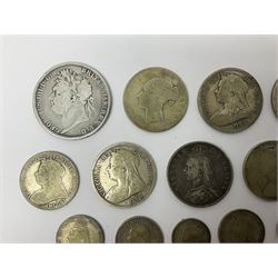 Approximately 210 grams of Great British pre 1920 silver coins, including George IIII 1822 crown, Queen Victoria 1884, 1888, 1894, 1897 and two 1902 halfcrowns etc