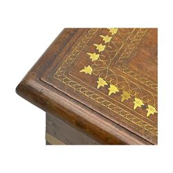 20th century mahogany chest, rectangular hinged top enclosing removable compartments with carved starburst motifs with linear and geometric patterns, brass inlay to the top and front, mounted corners and edges, on bracket base