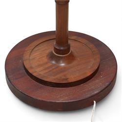 Hardwood simulated bamboo standard lamp, on stepped circular base, with blue pleated shade 