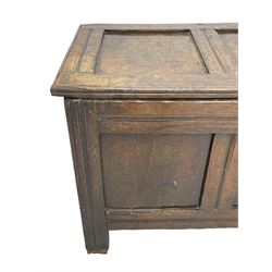 17th century panelled oak blanket chest or kist, quadruple panelled hinged lid over quadruple panelled front, moulded frame and pegged construction, on stile supports