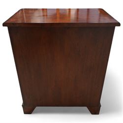 Small Georgian design walnut chest, rectangular moulded top with crossbanding and feather bands, shaped canted corners, slide over four graduating cock-beaded drawers, pierced brass handle plates, on bracket feet 