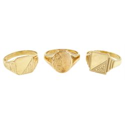 Three 9ct gold signet rings, hallmarked