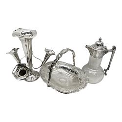 Silver plated three branch epergne, together with a silver plated cut glass claret jug, and silver plated embossed swing handled basket, epergne H30.5cm