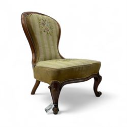 Victorian mahogany framed nursing chair, balloon-shaped back over seat upholstered in gree...