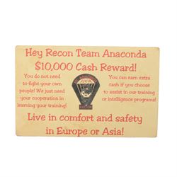 Vietnam War. North Vietnamese propaganda money card 'Recon Team Anaconda $10,000 Cash Rewa...