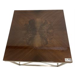 Malerba - pair of Italian burr walnut and chrome lamp tables, square top with central circular inlaid panel, raised on chrome square supports united by stretchers, retailed by Harrods