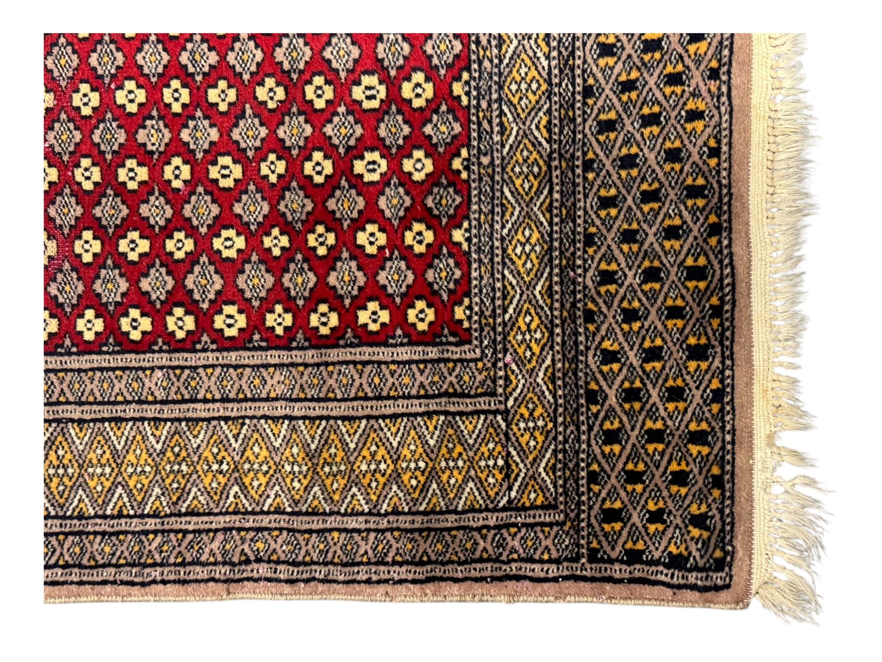 Pakistani Kashan hand-knotted rug with a central medallion and intricate geometric floral patterns, set against a red field and framed by a multi-band border; Pakistani Kashan rug with a repeating floral motif across the red field, enclosed by a detailed geometric border in complementary tones (2)