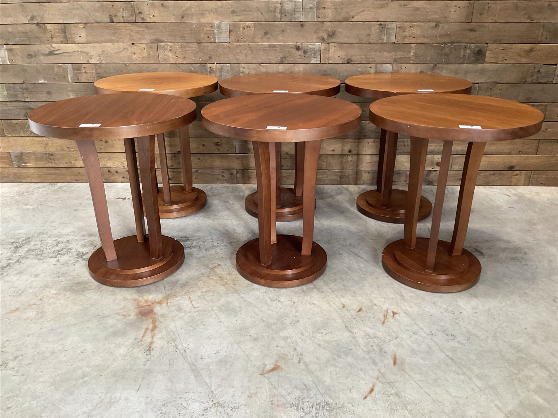 Six walnut circular bar or bedroom occasional tables