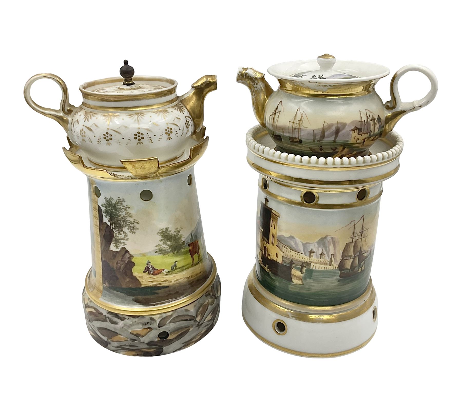 Two 19th century continental teapots and warmers, each teapot upon a cylindrical warming base, hand printed with seascapes, largest H22cm 