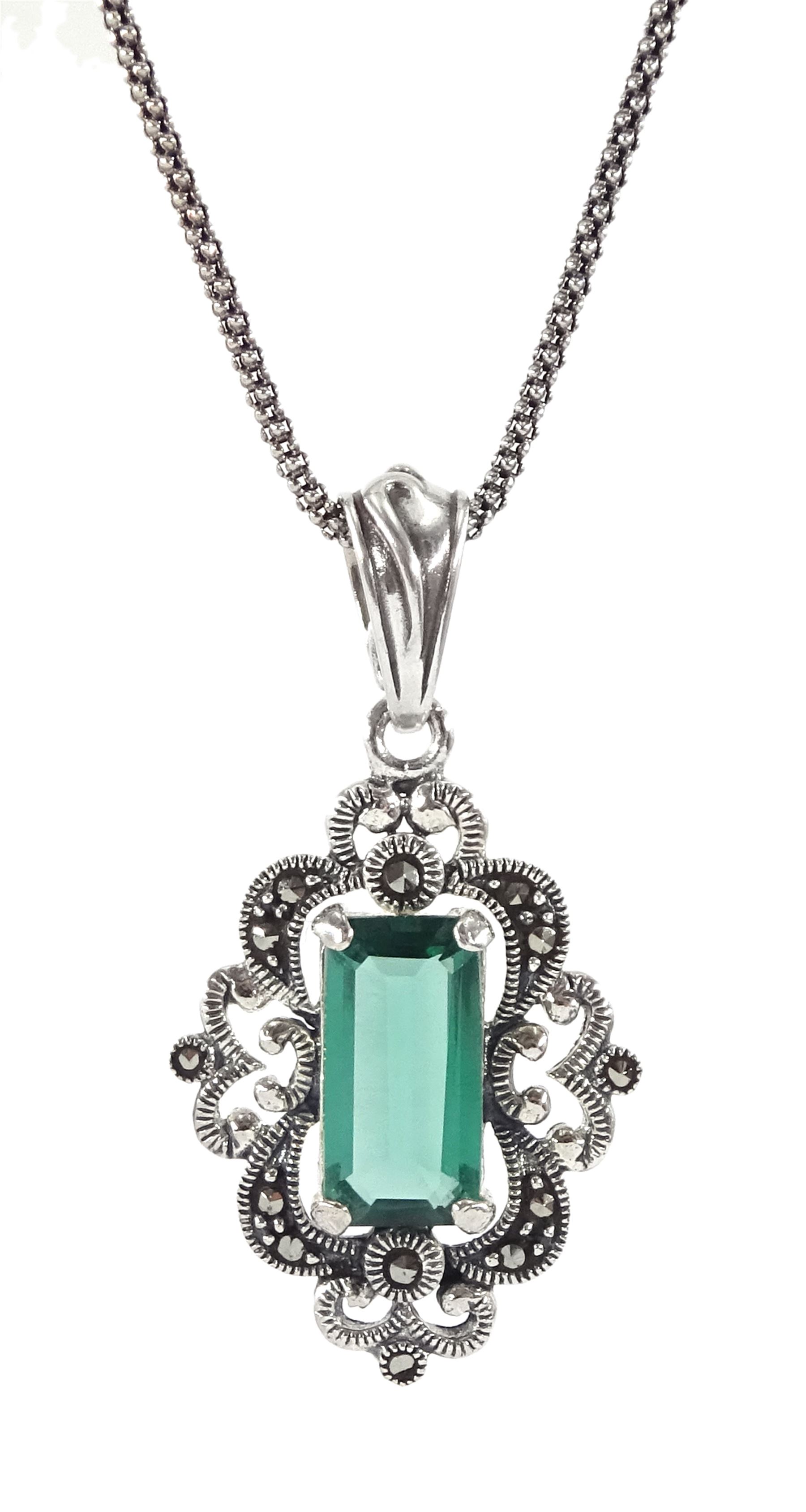 Silver green quartz and marcasite pendant necklace, stamped 925