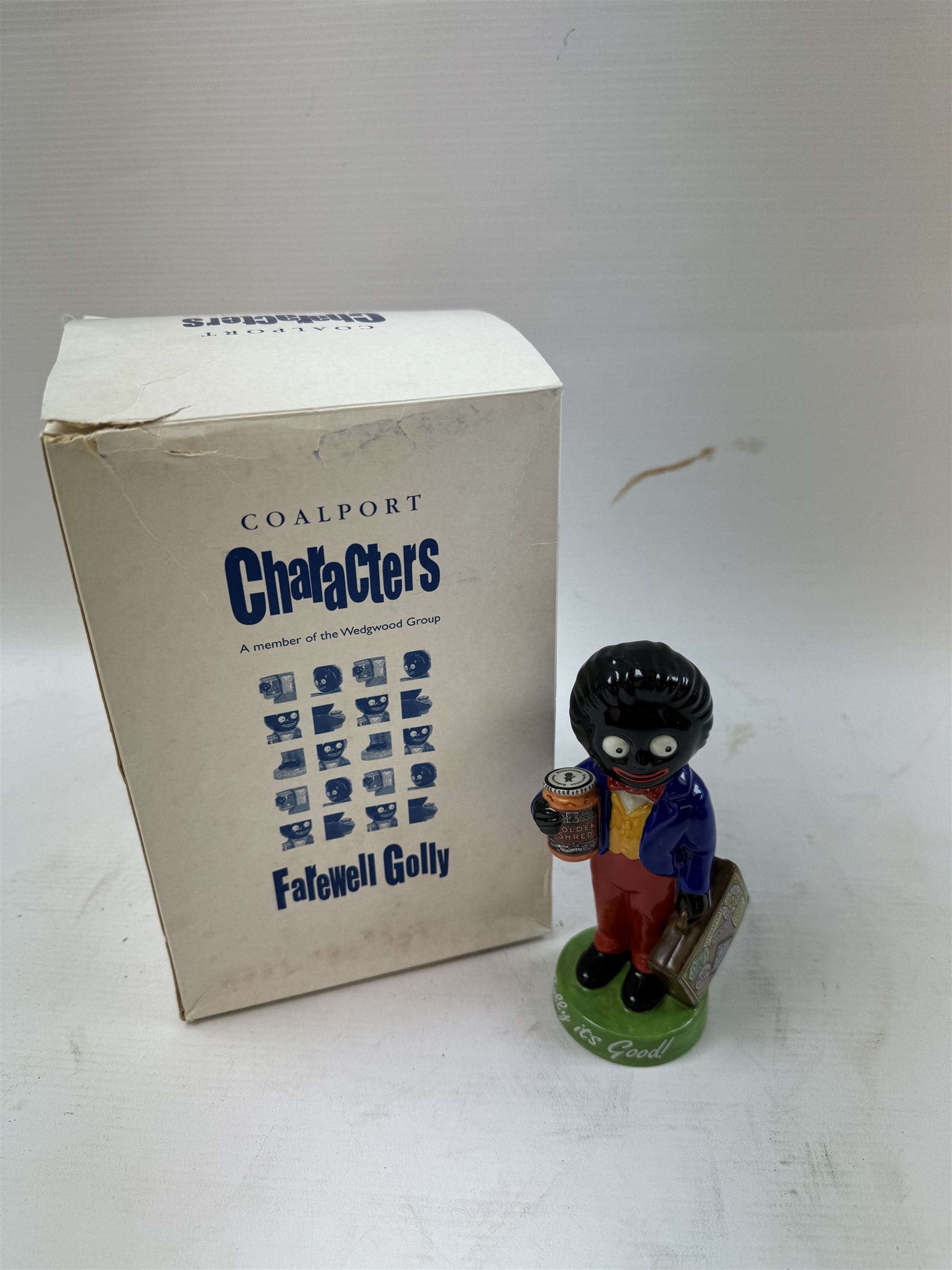 Coalport Farewell Golly figure, together with Royal Doulton Advertising Classics Golly figure, both with original box  