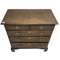 George III oak chest, moulded rectangular top over two short and three long graduating drawers, raised on bracket feet