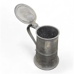 Large 18th century Scottish pewter lidded tankard, the flat cover engraved 'W. Kilbrid', with bifurcated thumbpiece over a tapering cylindrical body, H25cm 