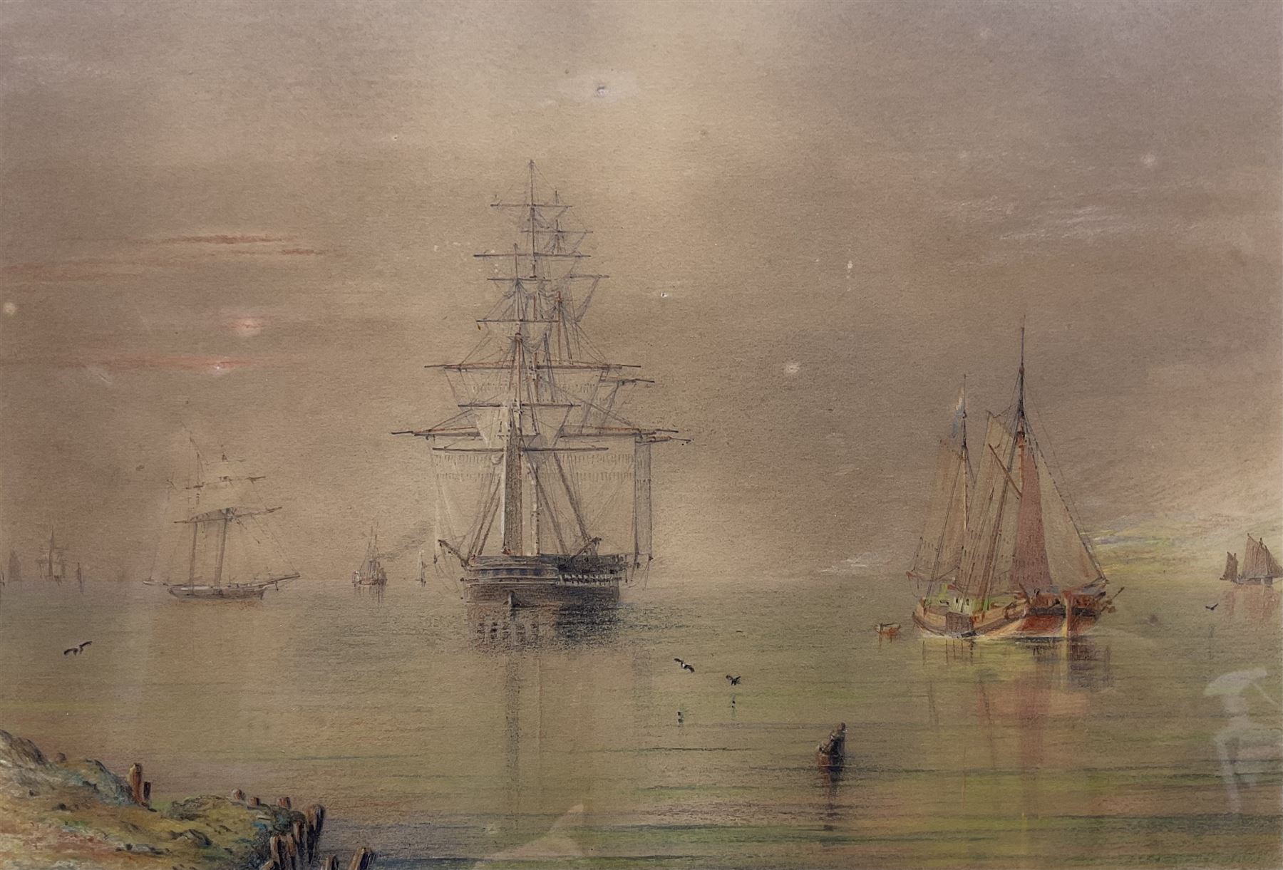 William Frederick Settle (Hull 1821-1897): Shipping in a Calm, pastel and pencil unsigned 22cm x 32cm