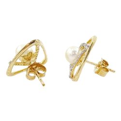 Pair of 9ct gold cultured pearl and round brilliant cut diamond triangular stud earrings, stamped, total diamond weight approx 0.20 carat