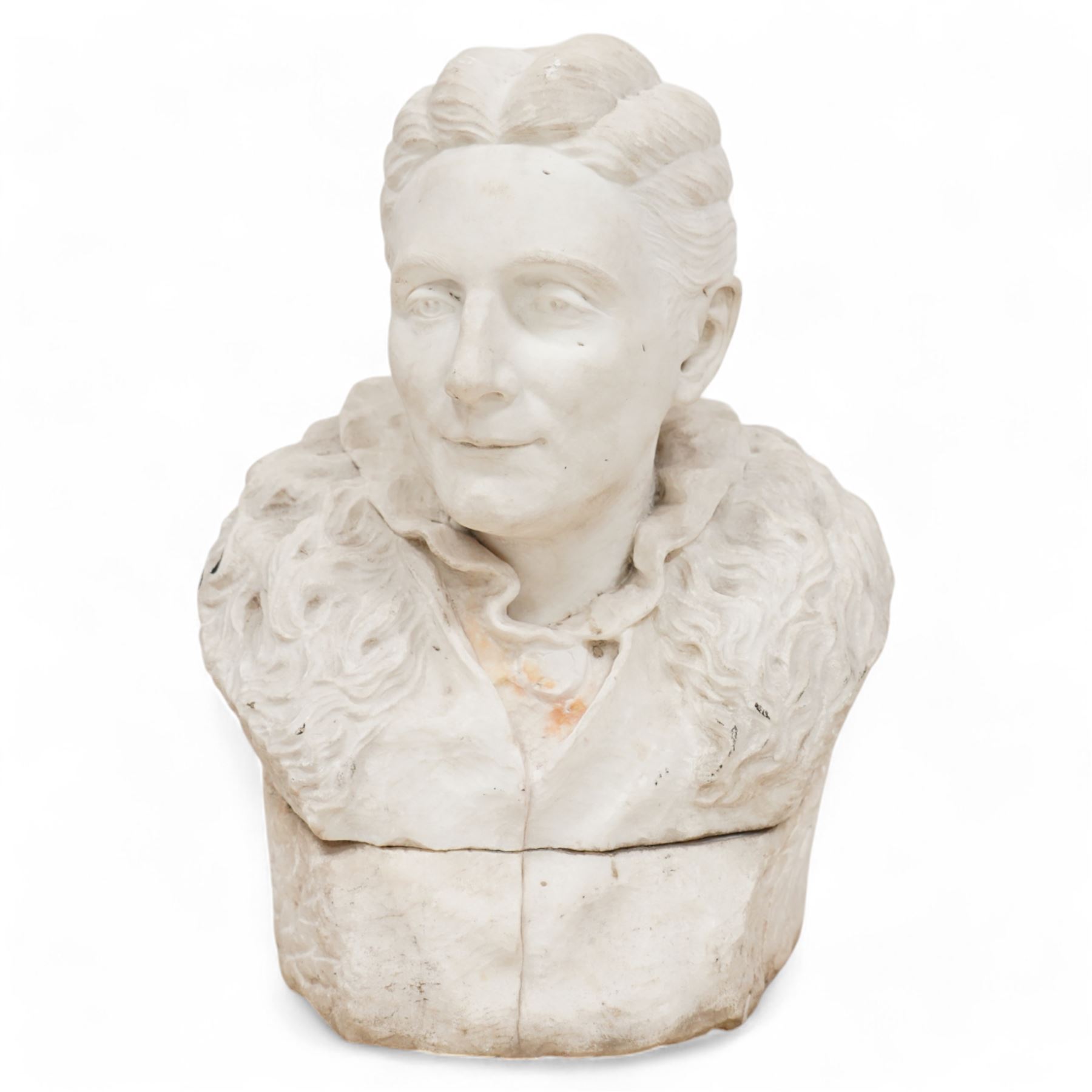 William Charles May (1870-1931): carved white marble bust depicting Mrs W Lister, signed and named verso